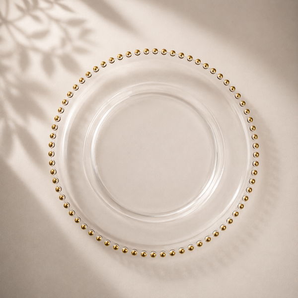 12” Clear Charger Plates with Gold Beaded Rim