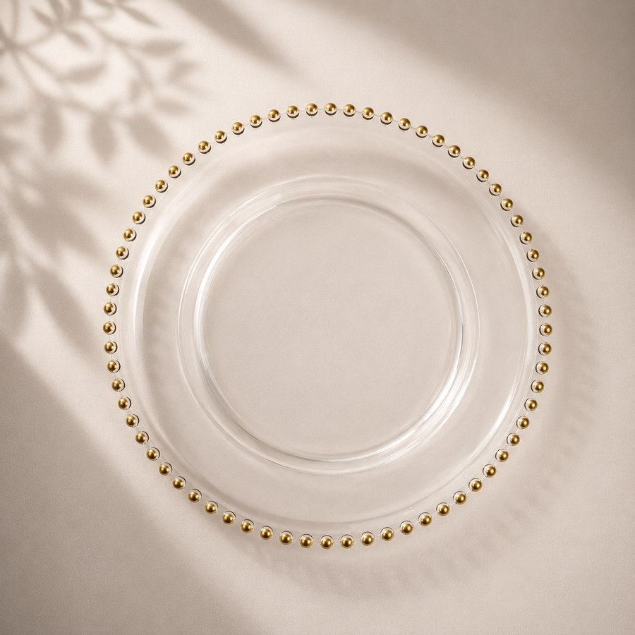 12” Clear Charger Plates with Gold Beaded Rim