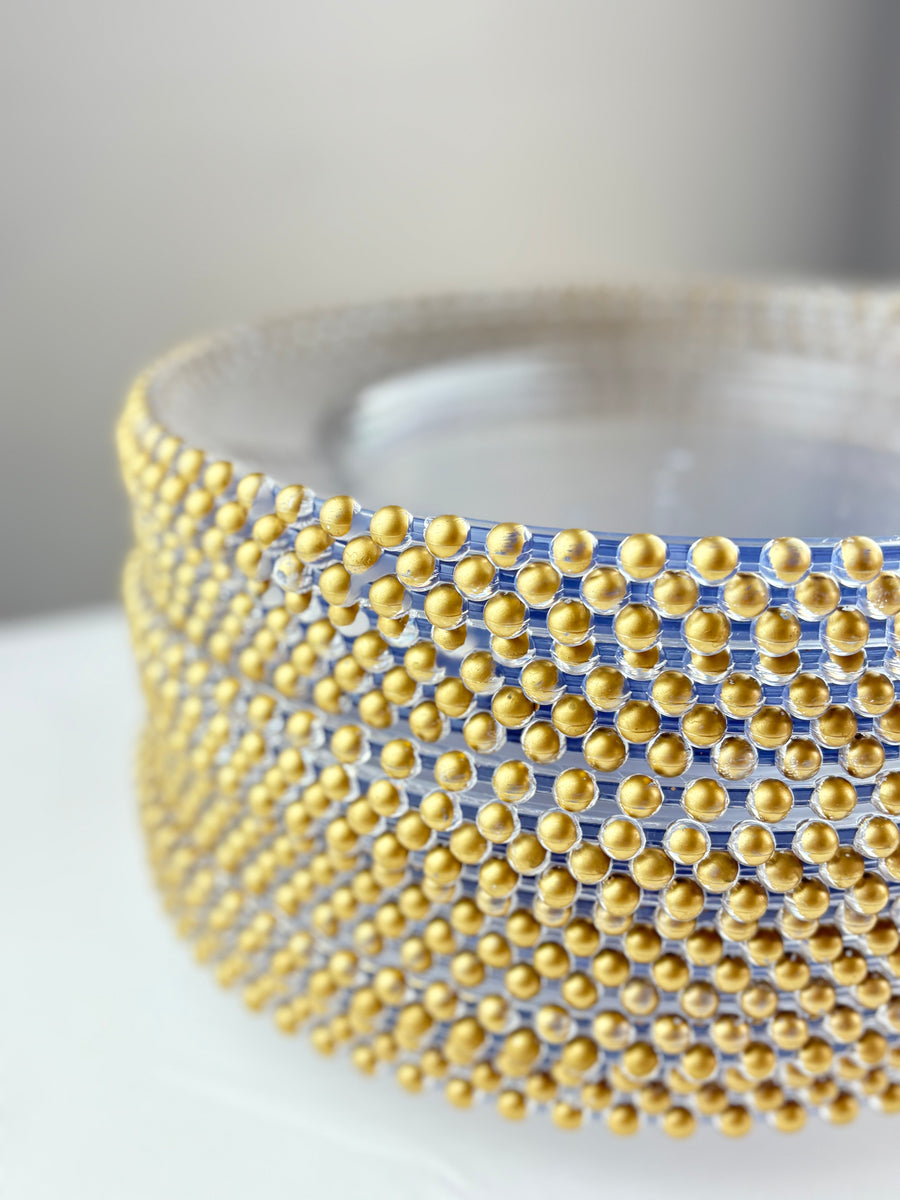 12” Clear Charger Plates with Gold Beaded Rim